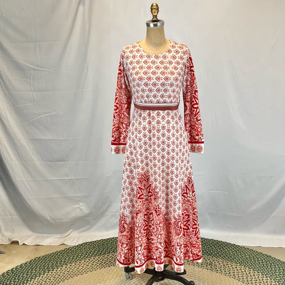 VINTAGE 60s bohemian long sleeve maxi dress red floral medallion belted waist - Picture 9 of 17